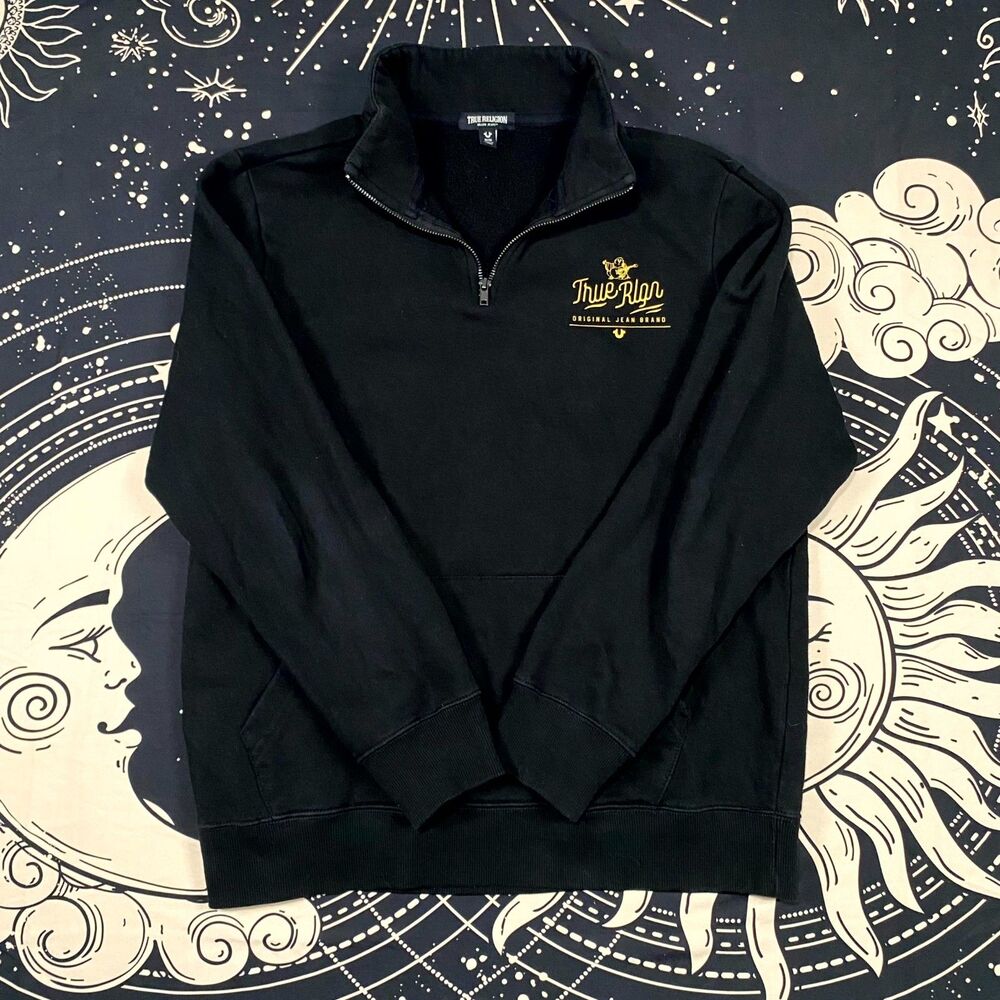 True Religion Sweatshirt Men's M Black Cotton Fleece Lined Gym & Training Preppy - Picture 1 of 7